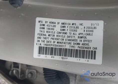 2013 Honda Accord Ex-L z USA, uszkodzony, nr VIN 1HGCR2F83DA089317